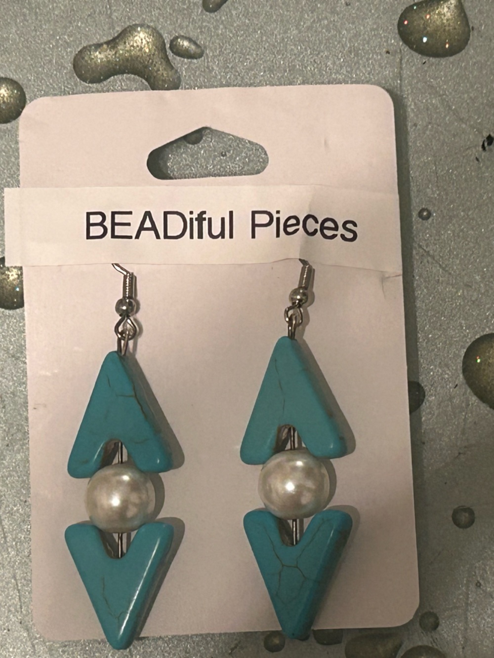 Turquoise Geometric Drop Earrings with Pearl Bead